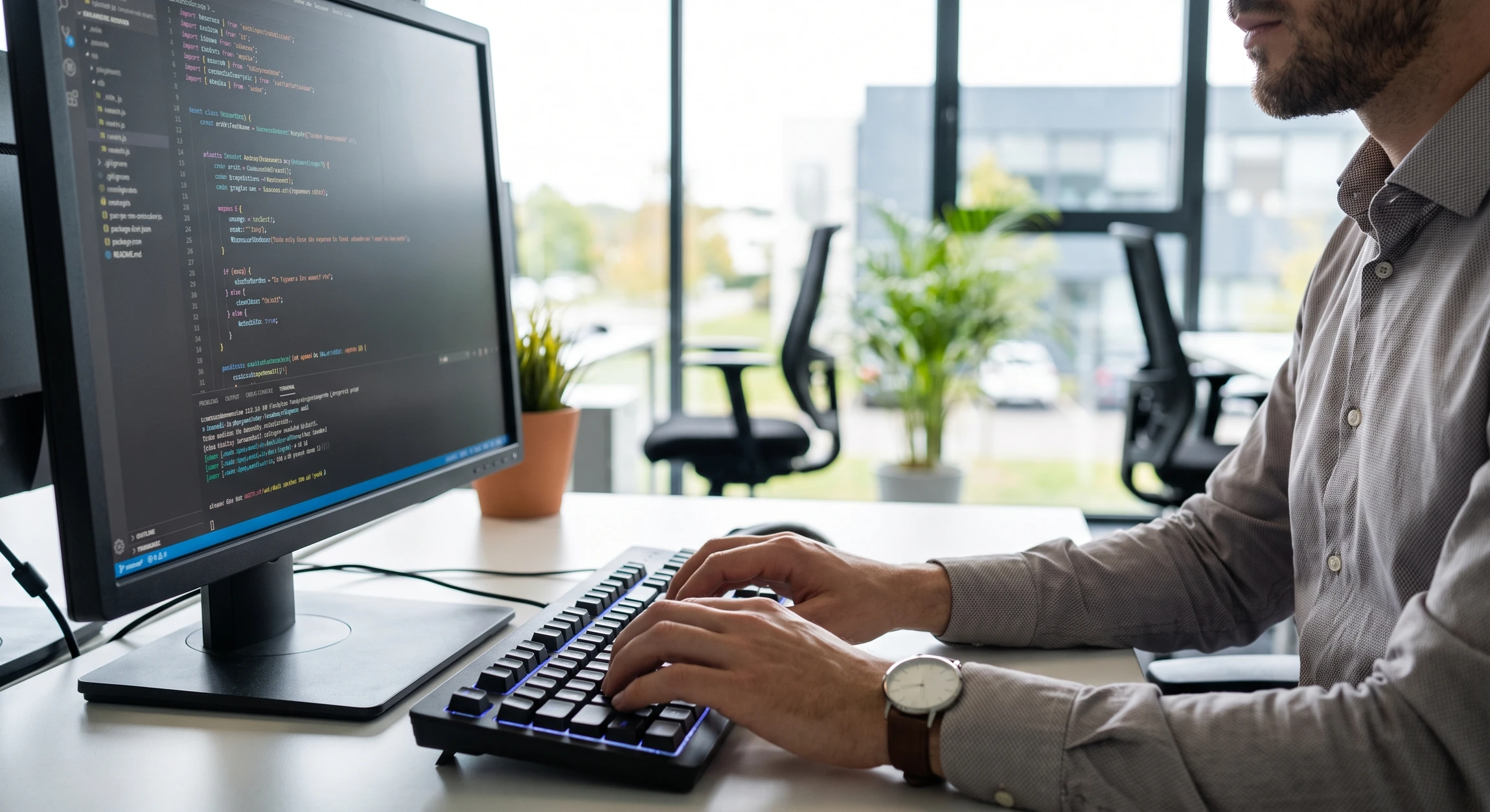 Développeur concentré travaillant sur code informatique affiché sur écran d'ordinateur, tapant au clavier, avec syntaxe programmation visible à l'écran, environnement bureau professionnel moderne en arrière-plan flou, lumière naturelle professionnelle, focus net sur l'écran et les mains.