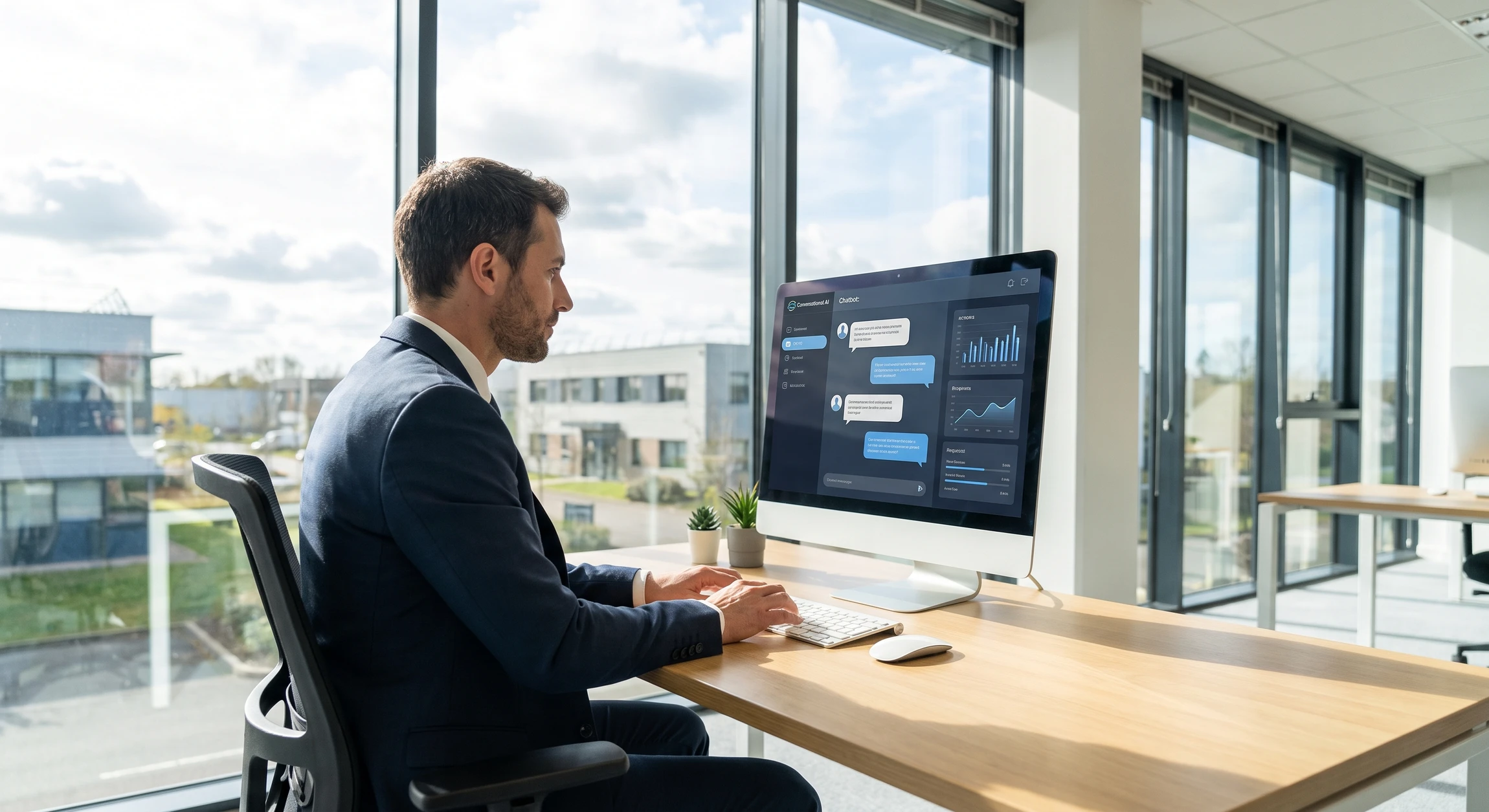 Technicien informatique en costume professionnel assis à un bureau d'entreprise lumineux, observant l'écran d'ordinateur affichant une interface de chatbot avec interface conversationnelle moderne, dans un environnement de bureaux contemporain avec baies vitrées en arrière-plan.