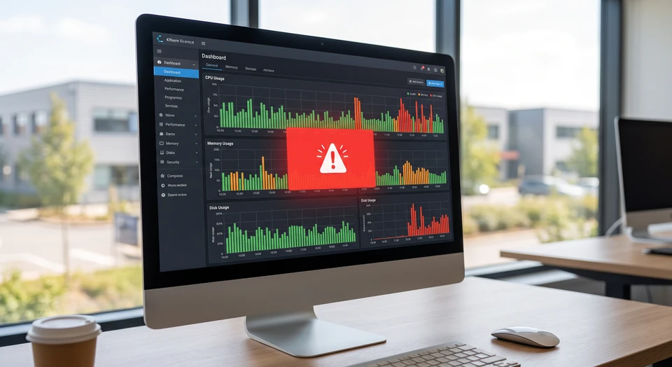 Écran d'ordinateur affichant une console de supervision informatique avec tableaux de bord, graphiques temps réel, indicateurs de statut serveurs et alertes système en vert et rouge, illustrant le monitoring proactif d'infrastructure.