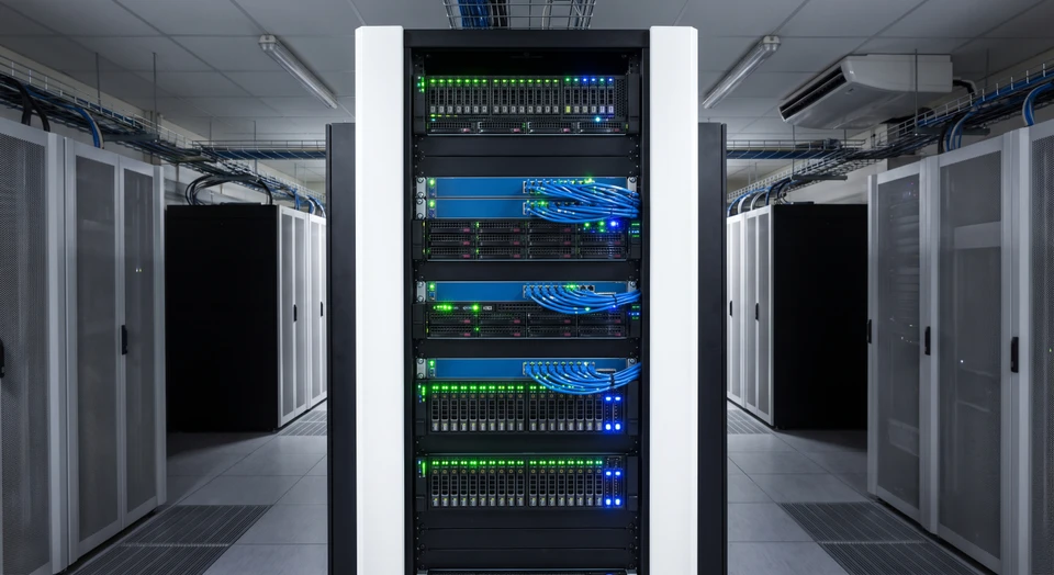 Un serveur informatique noir et blanc en position verticale, équipé de plusieurs baies avec voyants lumineux, installé dans une armoire technique. La prise de vue montre la façade frontale avec les connecteurs réseau (câbles Ethernet bleus), dans un datacentre professionnel bien éclairé. Le serveur doit être reconnaissable comme équipement d'hébergement standard du commerce.