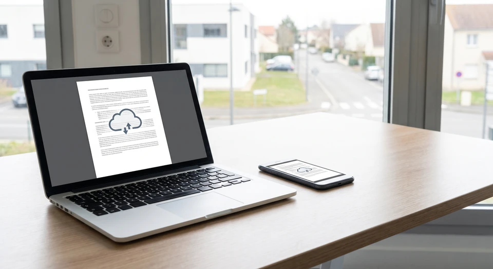 Deux appareils professionnels (ordinateur portable et smartphone) côte à côte sur un bureau moderne, affichant simultanément le même document synchronisé en temps réel avec un indicateur de cloud synchronisation visible, dans un environnement de travail lumineux et épuré.