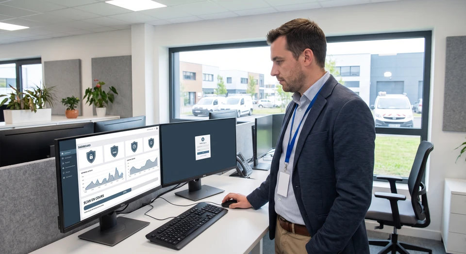 Technicien informatique configuring a managed antivirus solution on a desktop computer in a modern office environment, with the computer screen clearly displaying an antivirus management interface showing real-time protection status, threat detection logs, and security parameters. Close view of the desktop monitor with professional security dashboard visible.