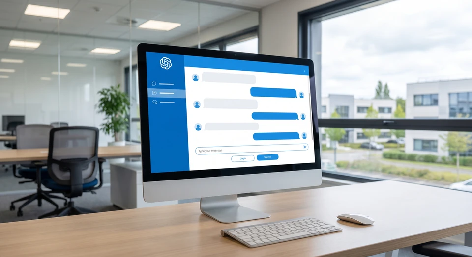 Écran d'ordinateur de bureau affichant une interface de chatbot conversationnel avec historique de messages, boîte de dialogue de requête utilisateur et boutons d'action, dans un environnement de bureau professionnel moderne avec clavier et souris visibles.