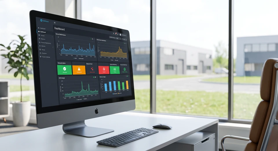 Écran d'ordinateur affichant un tableau de bord de supervision informatique avec graphiques de performance serveur, alertes réseau en temps réel, indicateurs de charge CPU et de mémoire, interface d'une solution d'infogérance proactive montrant des statuts de systèmes à surveiller.