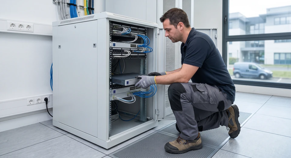Technicien informatique installant un routeur et un commutateur réseau dans une armoire informatique de baie rack en salle technique, effectuant les branchements câblés et configurant les équipements pour une infrastructure réseau professionnelle en entreprise.