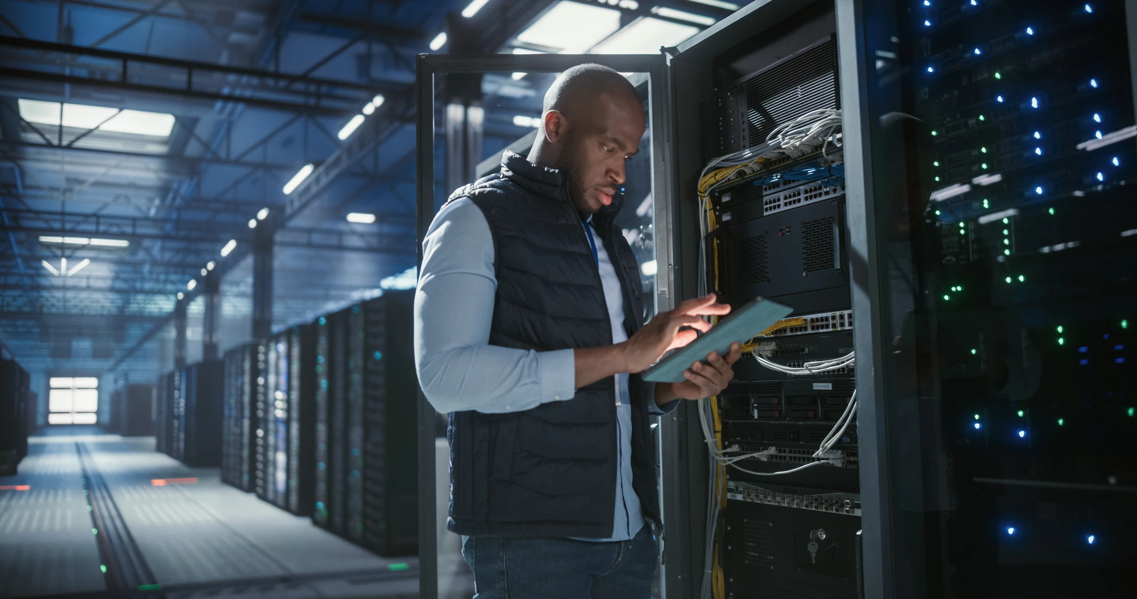 Salle de serveurs informatiques avec baies de stockage alignées dans un data center moderne