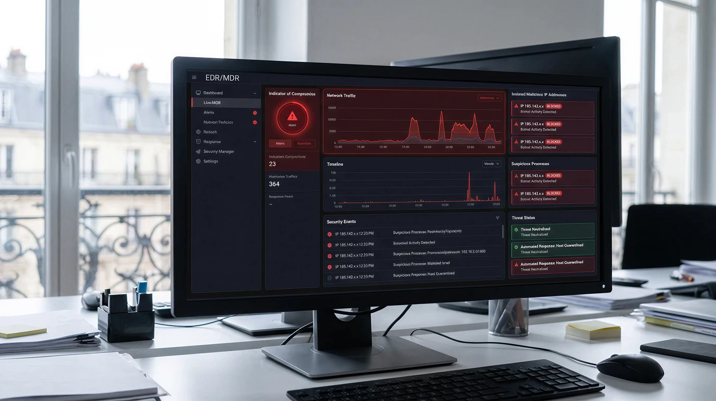 Écran d'ordinateur affichant un tableau de bord de supervision informatique en temps réel avec graphiques de performance (CPU, mémoire, disque en pourcentages), barres de progression colorées (vert, orange, rouge) et une alerte rouge récente surmontée d'une notification d'incident. Environnement professionnel de bureau avec écran haute résolution bien éclairé.