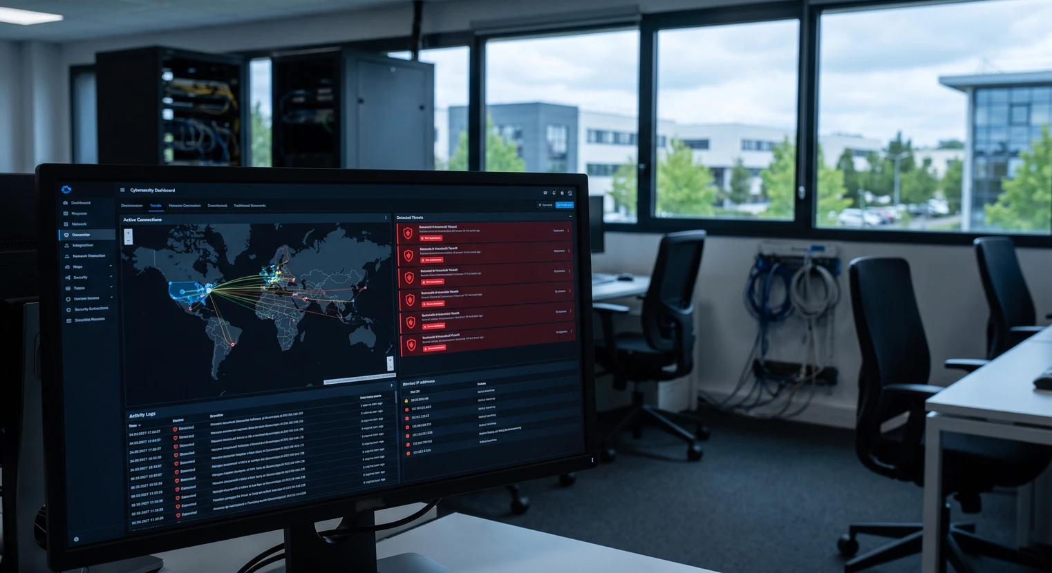 Salle de serveurs avec technicien en chemise blanche travaillant sur équipements informatiques